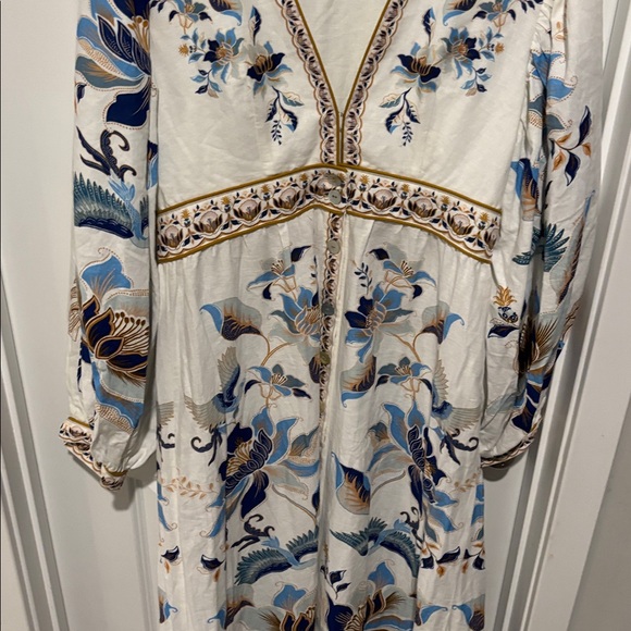 Farm Rio Mystic Blue Lotus Placed Print Long Sleeve Linen Blend Maxi Dress - Picture 8 of 15